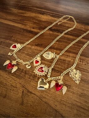 2 Gold Tone Necklace with Red Heart Charms